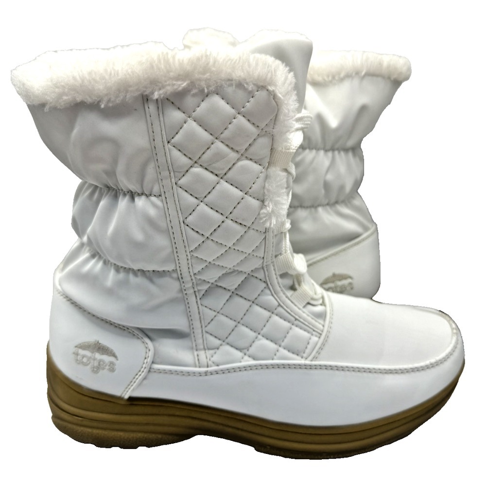 Totes Daisy Snow Boot Women 9 White Faux Fur Lace Up Zip Waterproof Winter READ
